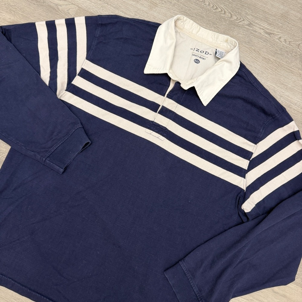 IZOD Varsity Rugby Shirt Mens XXL Y2K Navy Blue Cream Stripe Long Sleeve 2000s